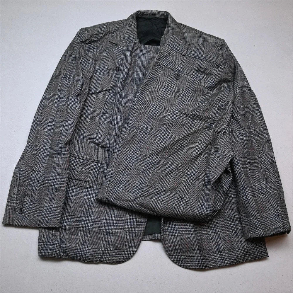 Vtg 44R 36x32 Blue Prince of Wales Check Flannel Wool Mens Jacket Pants Suit